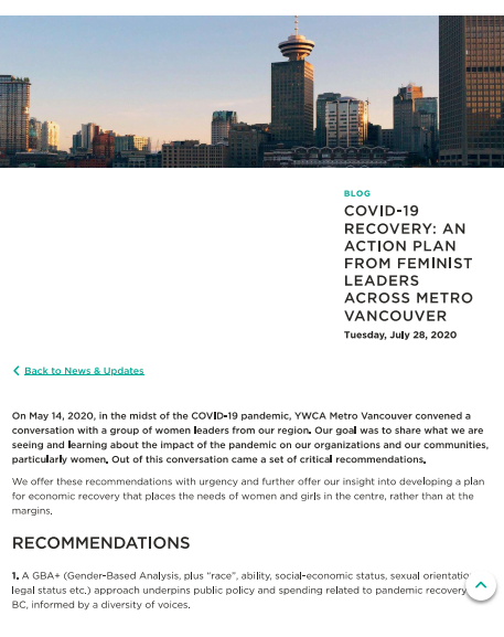 First page: COVID-19 Recovery: An Action Plan from Feminist Leaders across Metro Vancouver