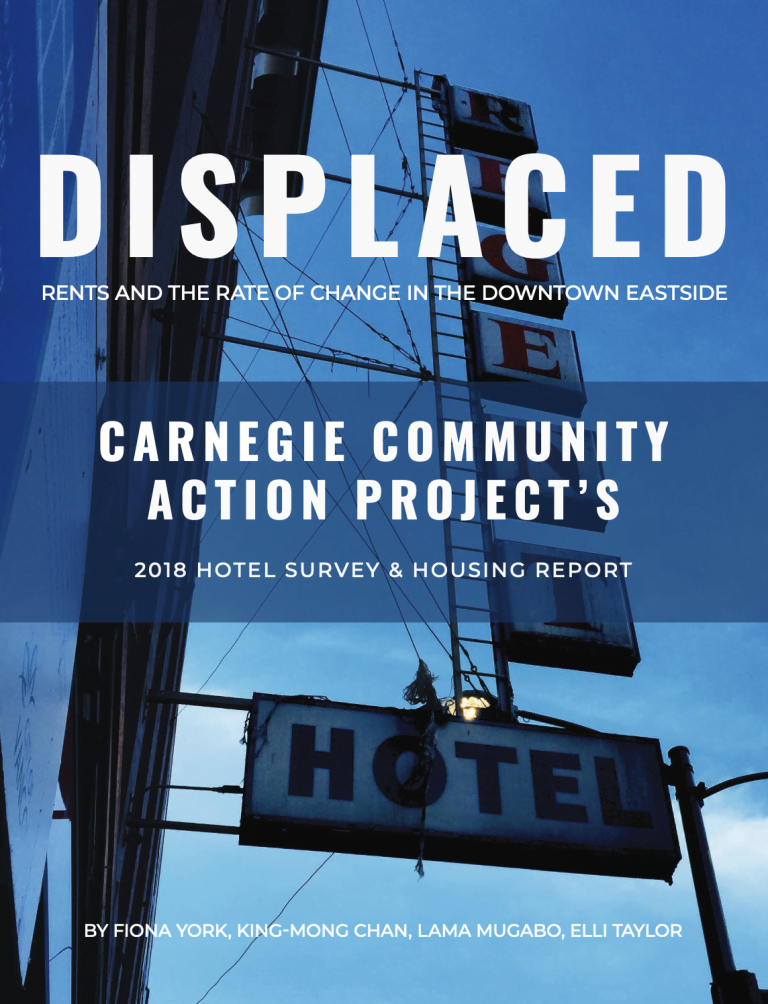 Report cover: Displaced: Rents and the Rate of Change in the Downtown Eastside Hotel Survey & Housing Report