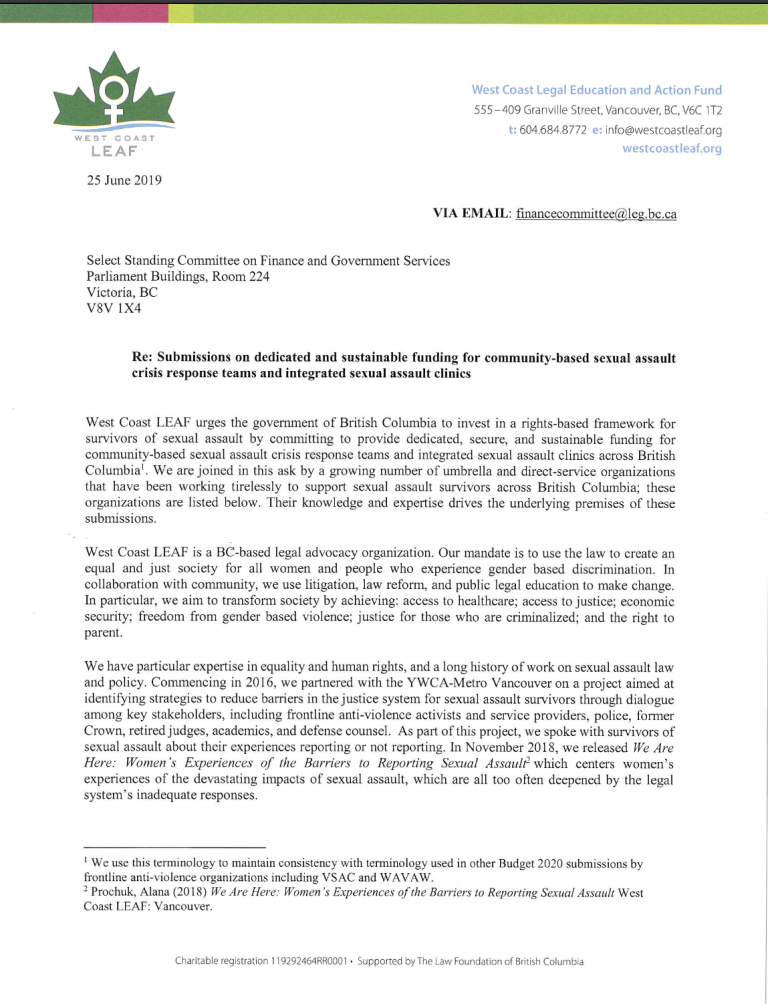 First page: West Coast LEAF Letter in Support of Community-based Integrated Sexual Assault Services