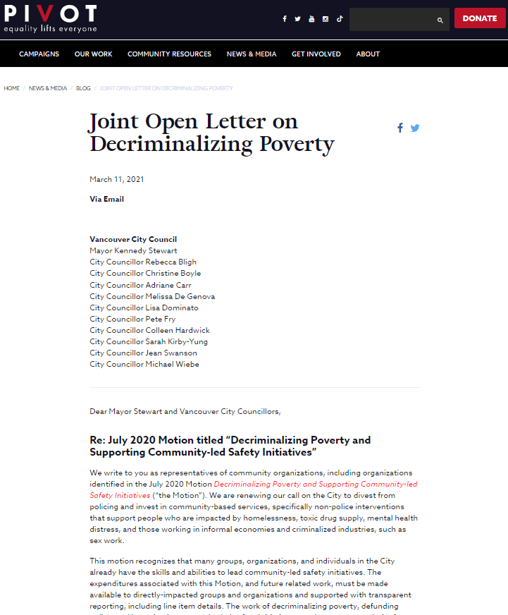 Screenshot: Joint Open Letter on Decriminalizing Poverty